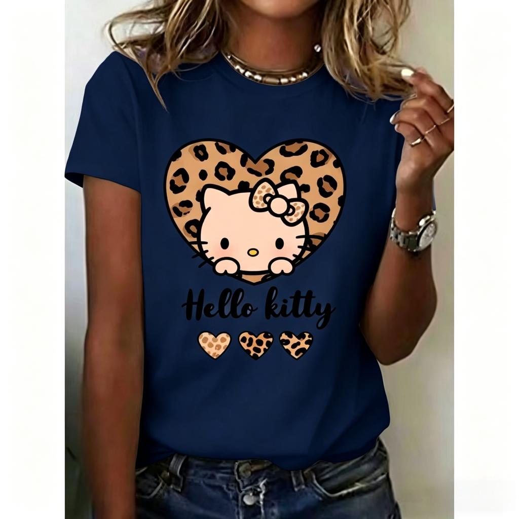 Cute Hello Kitty leopard print heart print slim fit women's casual street style short-sleeved T-shirt top for summer