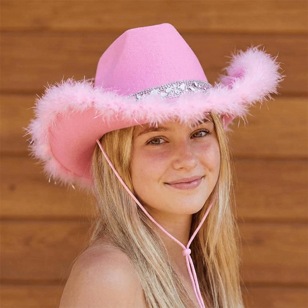Solid Color Western Cowboy Hat Furry Trim Sequin Cowgirl Hat Top Hat  Cowgirl Party Decorations