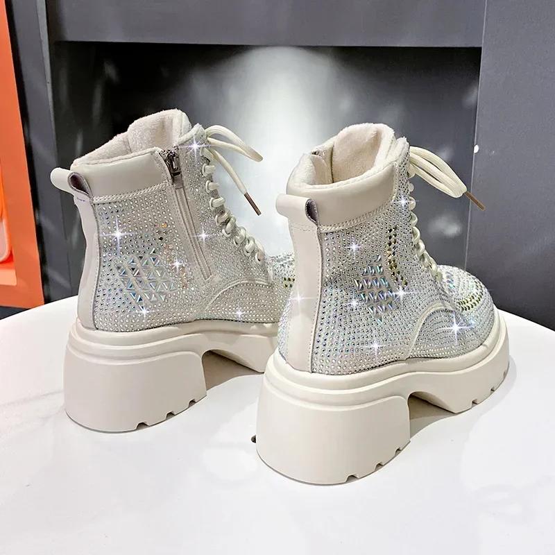 Pailletten Diamant Kurze Stiefel Frauen Herbst Winter Britische Mode High Top Dicken Absatz Schnürstiefel Outdoor Party Freizeitschuhe