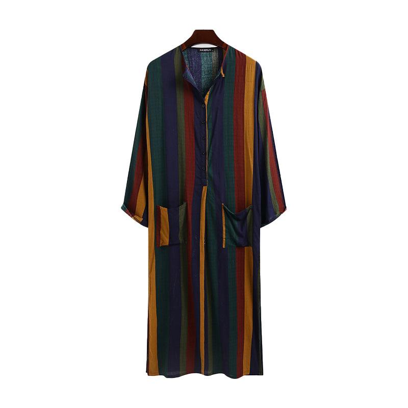 Men's Striped Muslim Long Robe Jumpsuit Tang Suit with Stand-up Collar