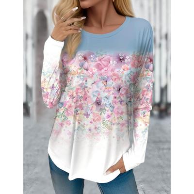 2023 Women's T Shirt Floral Graphics Print Tees Tops Long Sleeve Casual Tops Fashion Crew Neck Regular