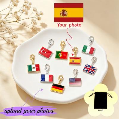 Customized Photo Flag Picture Square Pendant Stainless Steel Fashion DIY Necklace Bracelet Bag Chain Records Travel Memories