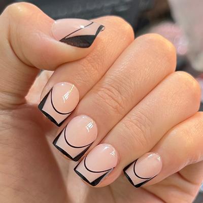24Pcs/Set Quick Nails Black French False Nials Sticker Wearable Waterproof Manicure Finished Nails