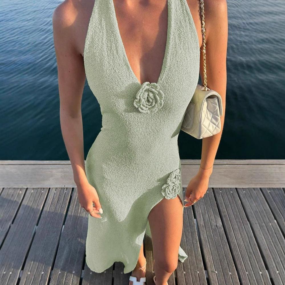 New, European and American Deep V-neck Halter Dress, Sexy High-split Suspender Knitted Dress
