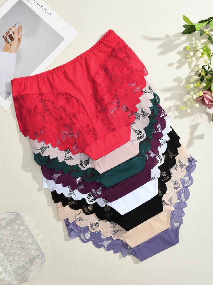 S-XXL Women Lace Panties Patchwork Seamless Underwear Sexy Luxury Hollow Out Solid Briefs Girls' Mid Rise Breathable Lingerie