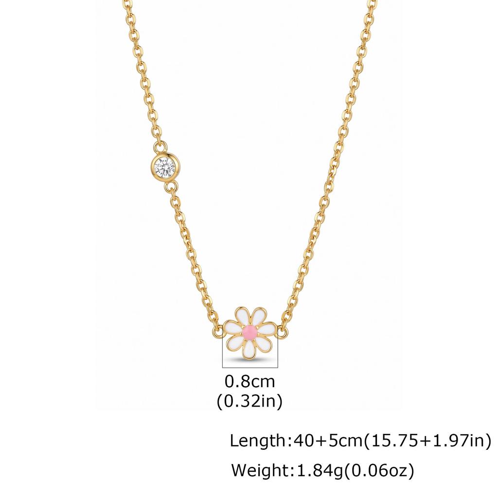 Enamel Daisy Flower Necklace,Stainless Steel Thin Link Bezel CZ Chain,Waterproof Tarnish Free Gift for Women