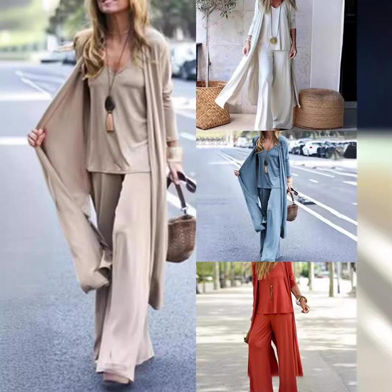 Women Autumn Tracksuits Pant Sets Fashion Casual Set Solid Tank Cardigans Wide Leg Trousers Suit