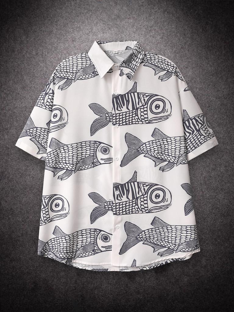 Übergroßes, lockeres Vintage-Kurzarmhemd mit Karpfen-Vollfisch-Print für Herren, lockeres Sommerhemd, trendiges Streetwear-Oberteil für Männer
