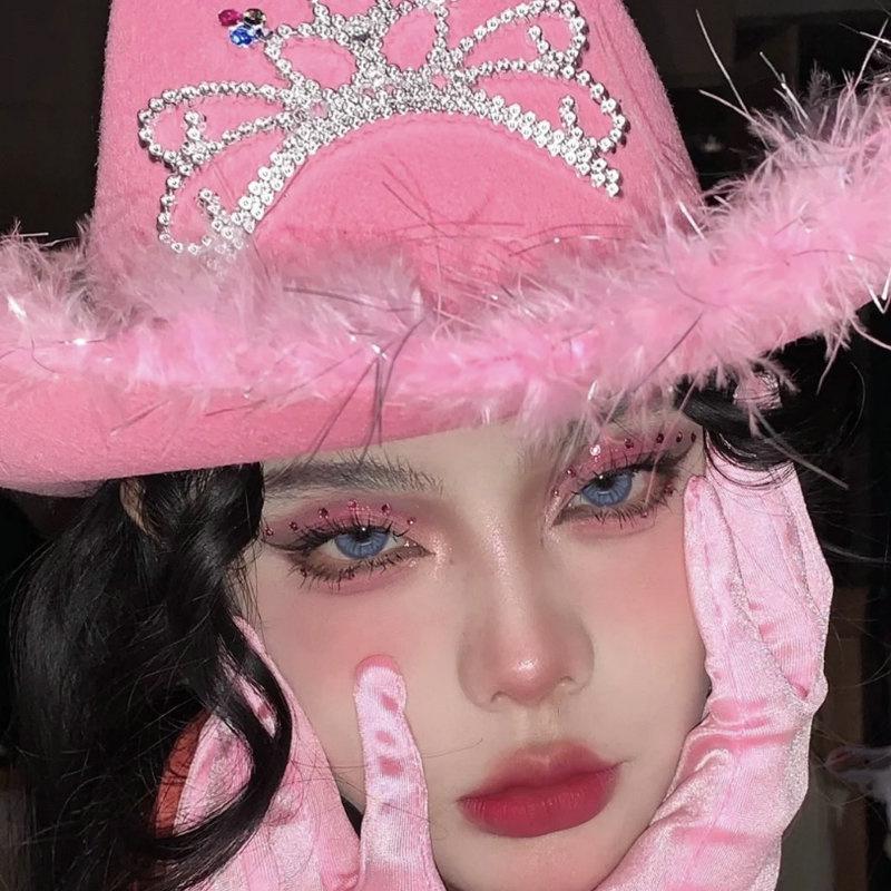 Pink Crown Western Cowgirl Hat Women Girls Tiara Feather Felt Sequin Cowboy Cap Costume Party Jazz Caps Halloween Cosplay Props