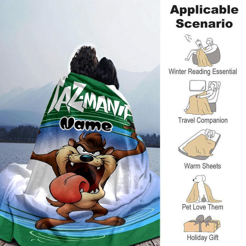 Tazmania Adventure Poster Design Blanket With Personalized Name Comfortable All Seasons Suitable For Sofas Beds Travel Camping And Office
