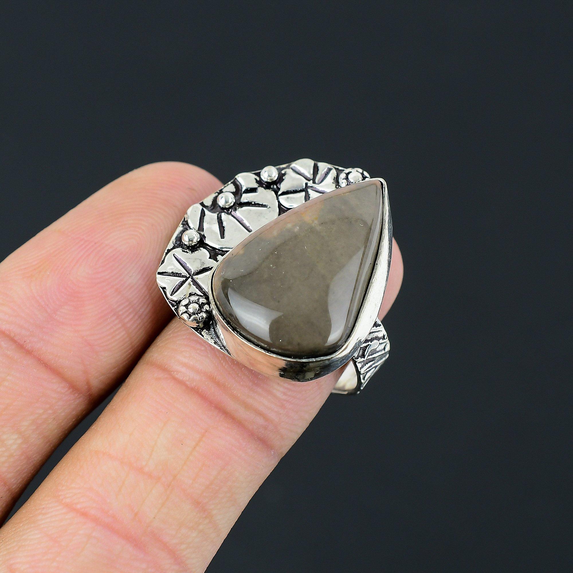 Pear Polychrome Jasper Stone Sterling Silver Birthday Stackable Trendy Ring US 9 9
