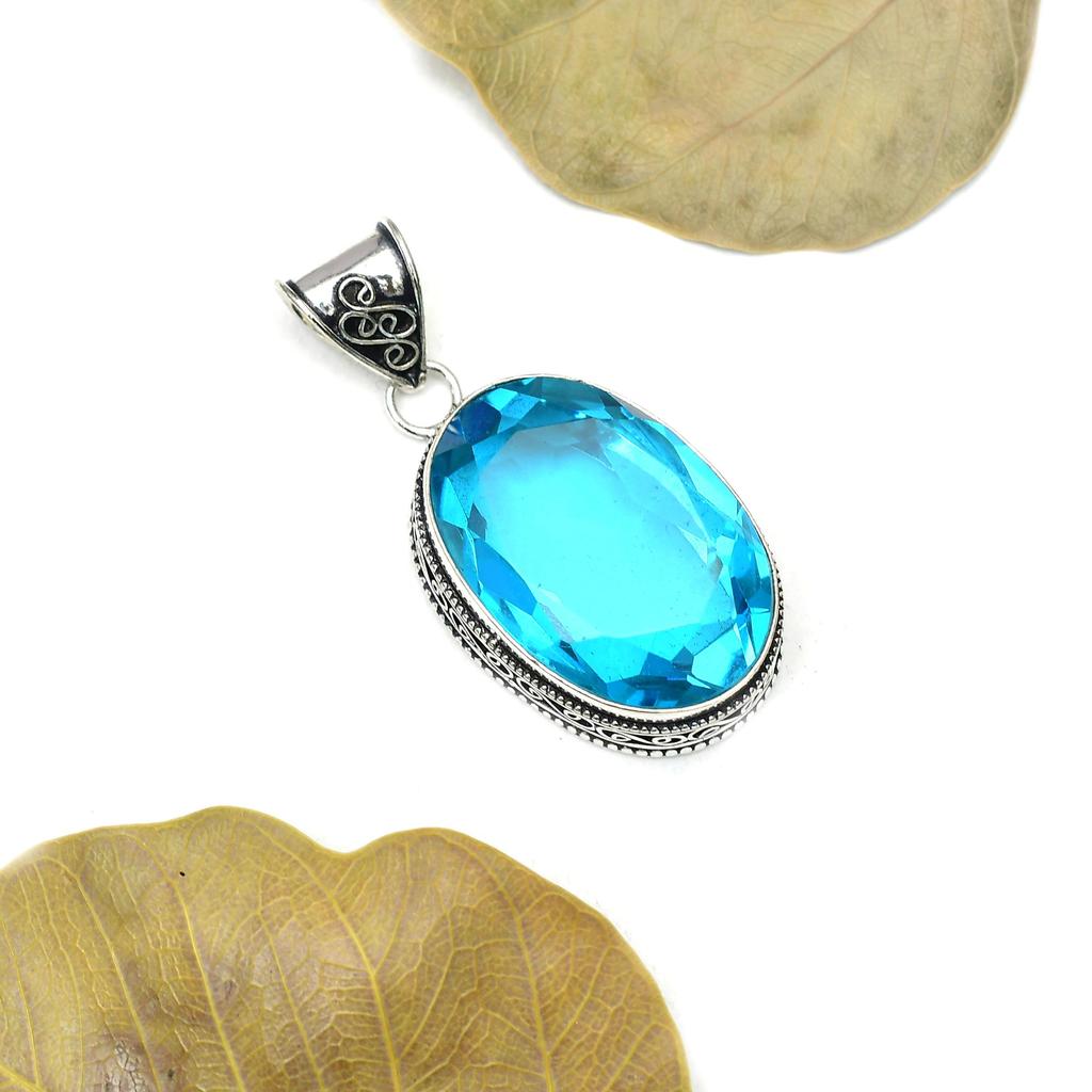Blue Topaz Gemstone Pendant : 925 Sterling Silver Handmade Jewelry Pendant