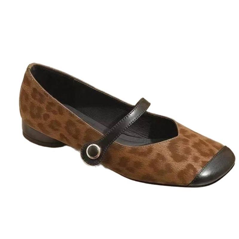 Autumn New Women's Shoes Leopard Print Soft Leather Mary Jane Shoes Square Head Flat Shoes Retro Evening Shallow Mouth Single Shoes Women