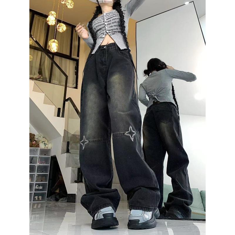 American High Street Vintage Star Embroidered Jeans Women's Autumn High Waist Loose Slim Straight Leg Wide Leg Pants Ins Tide