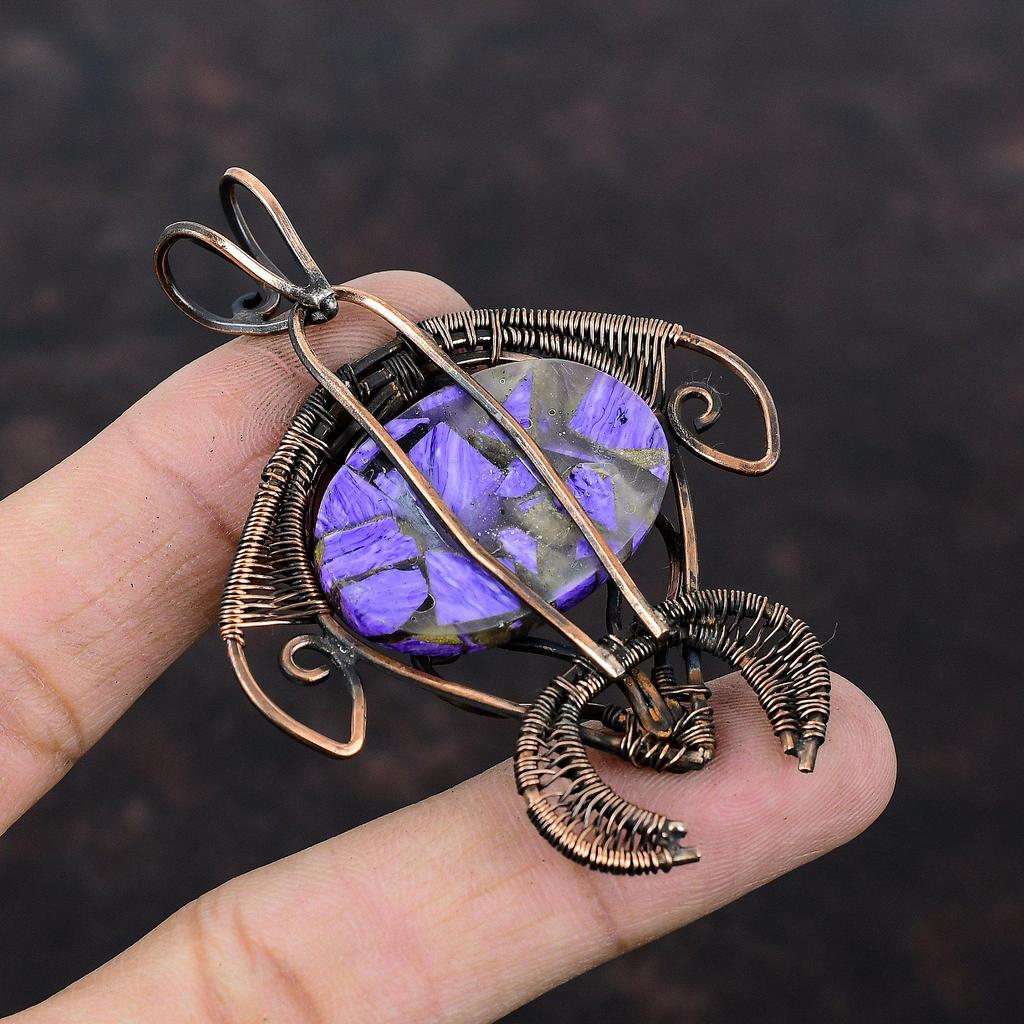 Copper Charoite Pendant Copper Wire Wrapped Pendant Tortoise Pendant Copper Jewelry Handmade Wire Wrapped Gemstone Jewelry Anniversary Gift
