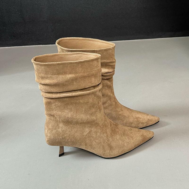 Fashion Fashion Heels Footwear Women Ankle Modern Boots Slip On Shoes Female Pointed Toe Pleated Ladies Short Boots Shoes Pumps