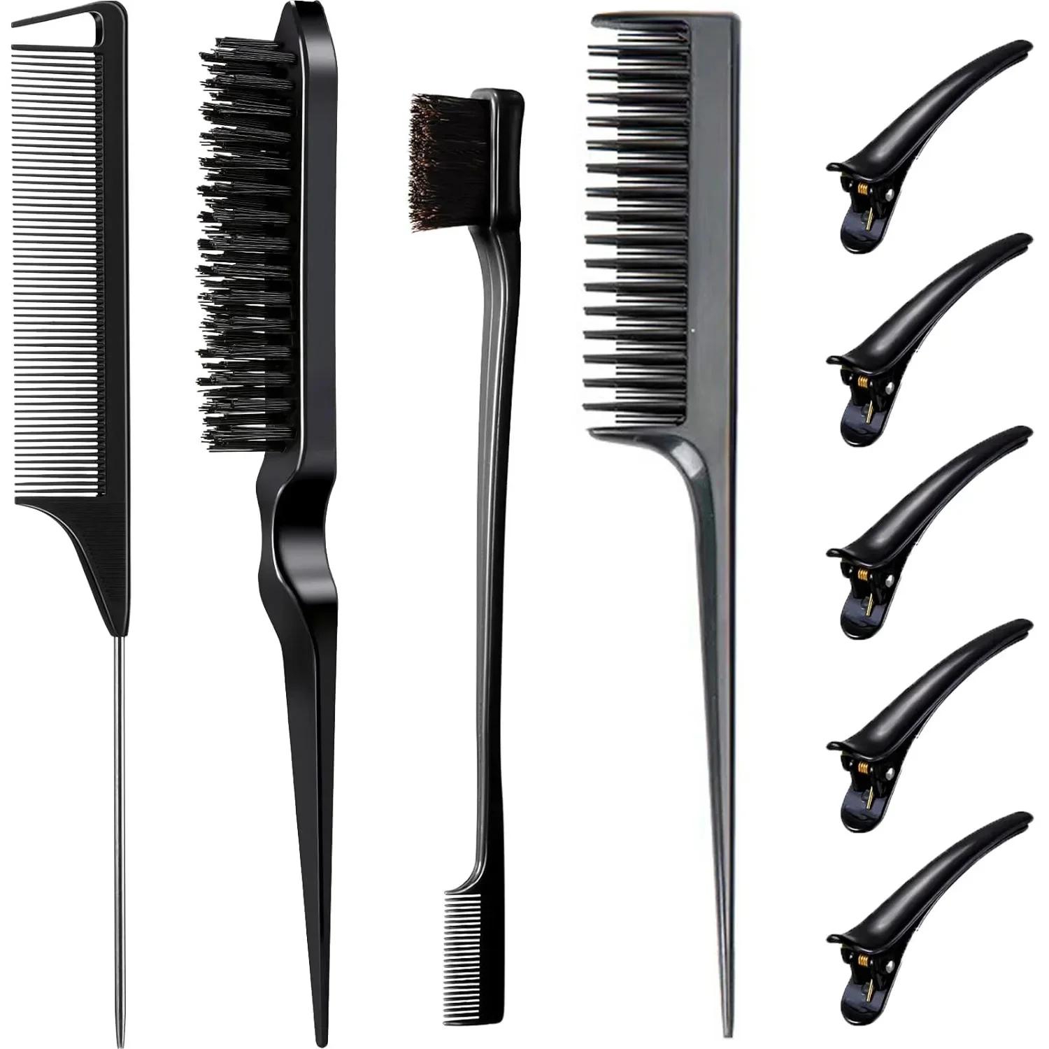 

9PCS Hair Styling Comb Set Teasing Hair Brush Triple Teasing Combs Rat Tail Combs Edge Brush Hair Clips Barber Hairdressing Tool чорний
