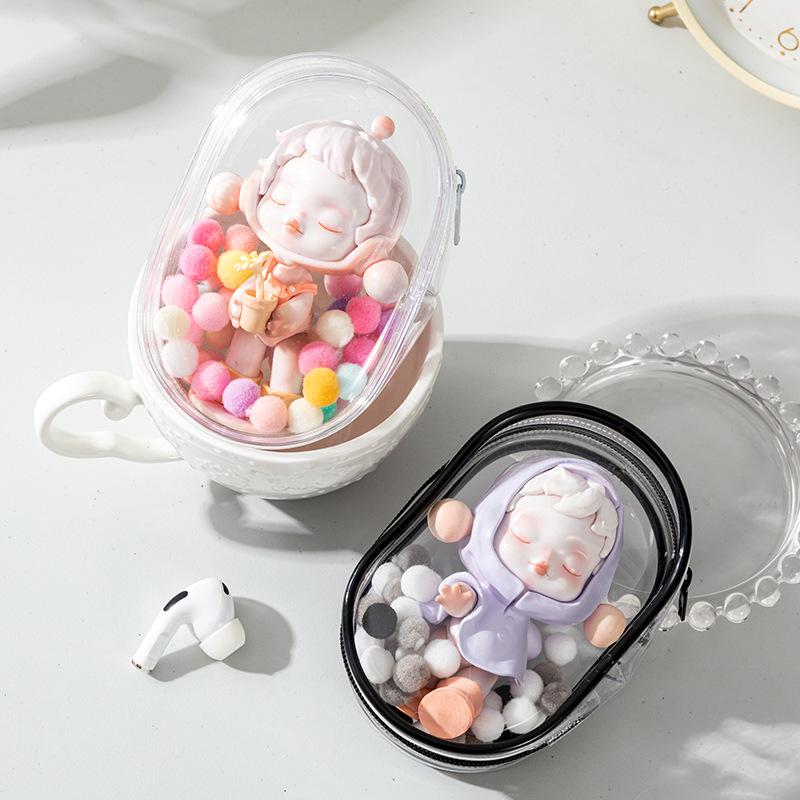 Pop Mart Figurine Blind Box 6cm Display Stroller Bag - Transparent PVC Capsule Style Storage for Baby Outing.