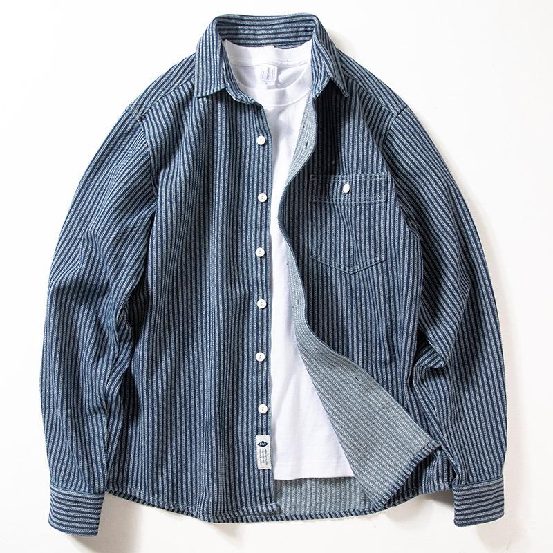 Men's Trendy Retro Casual Denim Shirt: Spring/Autumn Stripe Lapel Long Sleeve