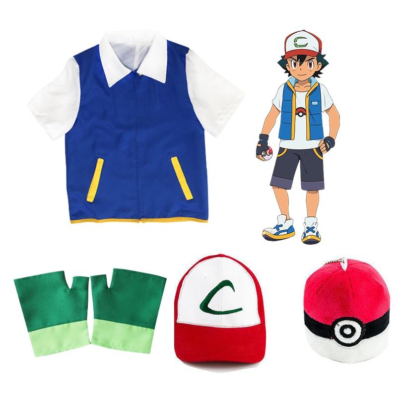 Pokemon Ash Ketchum Cosplay Kostüm Komplettset Erwachsene Jacke Handschuhe Hut Halloween Hohe Qualität Elastisches Weiches Polyestermaterial