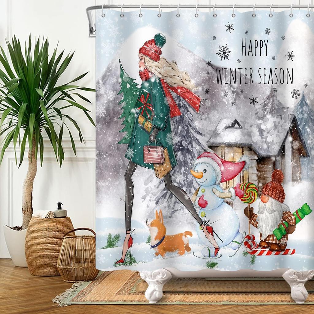 Snowman Cartoon Christmas Winter Shower Curtain Merry Christmas Red Bird Snowy Pine Bathroom Decor Polyester Bathtub Curtain