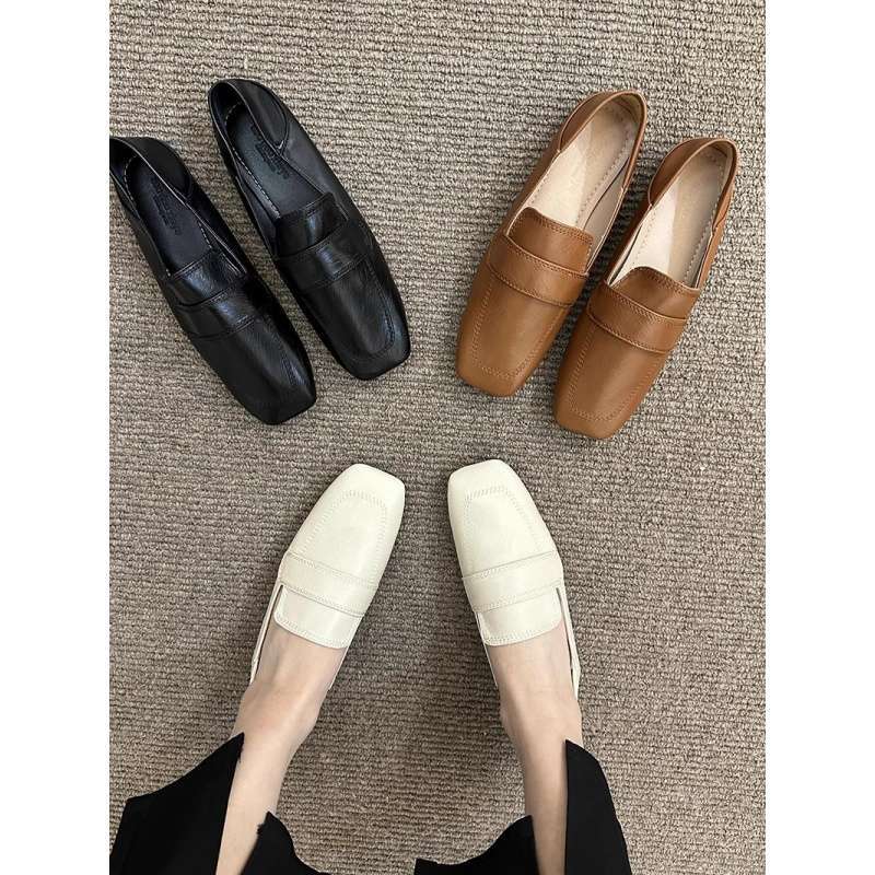 Square Head Beanie Shoes Women's French Retro Gentle Flat-bottomed Casual Single Shoes Soft Leather Soft Sole One Pedal Loafer Small Leather Shoes