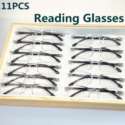 11pcs Vintage Reading Glasses Rectangular Rimless Frame Anti Blue Light Glass for Farsightedness