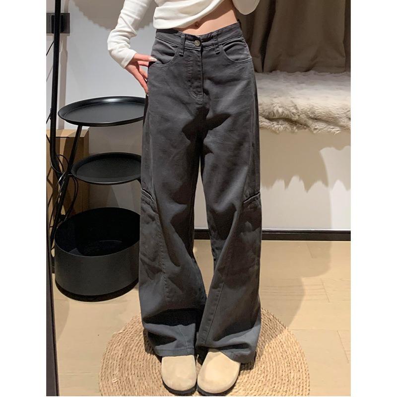 Womens High Waist Grey Cargo Wide Leg Jeans Casual Loose Streetwear Denim Trousers Y2K Style