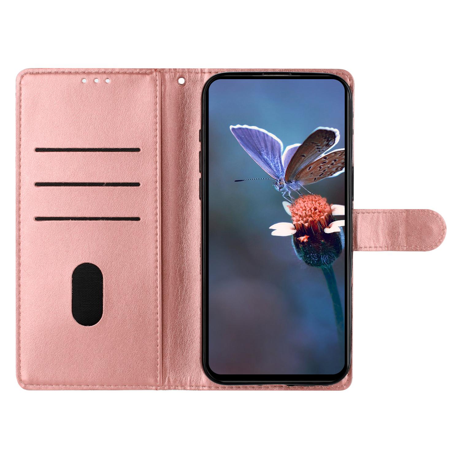 

For Honor 200 Lite Case Butterfly Flower Drop-Proof PU Leather Wallet Phone Cover Rose Gold