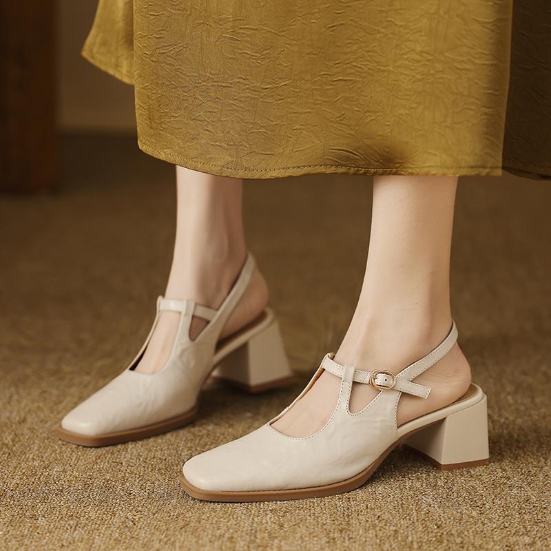 Fashion 2025 New Top Quality Genuine Leather Women Sandals Vintage T-Strap Square Toe Thick Heels Shoes Woman Summer Office Ladies Pumps