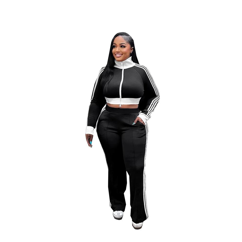 TW768 Women's Casual Color Block Zipper Crop Top & Slim Fit Pants Set