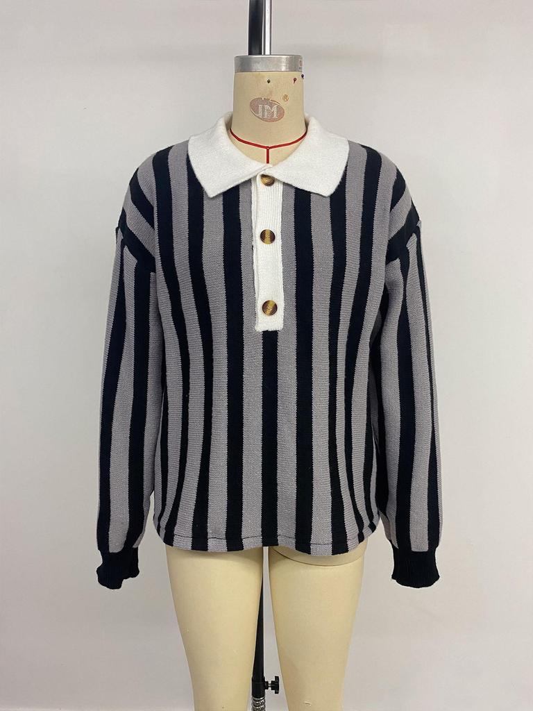2025 Autumn/Winter Women's Retro Striped Knit Sweater with Lapel