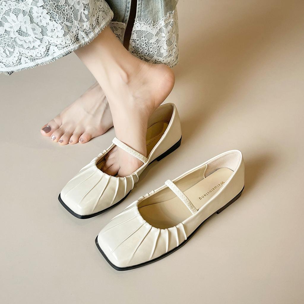 Weiwei Girl 809-1 One-word with Mary Jane Shoes French Flat-bottomed Shallow Mouth Single Shoes Women's Head Pleated Ballet Shoes