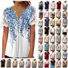 Women's Fashion Casual Retro Print Button Round Neck Short Sleeve T-Shirt Top