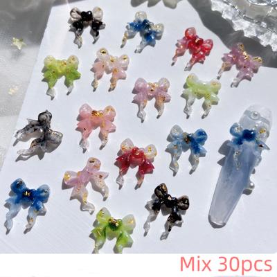 30 lazos de cinta de lámina dorada para decoración de uñas, joyería para decoración de uñas, lazo líquido con degradado transparente de hielo, resina de colores mixtos, diamantes, herramientas profesionales para decoración de uñas.
