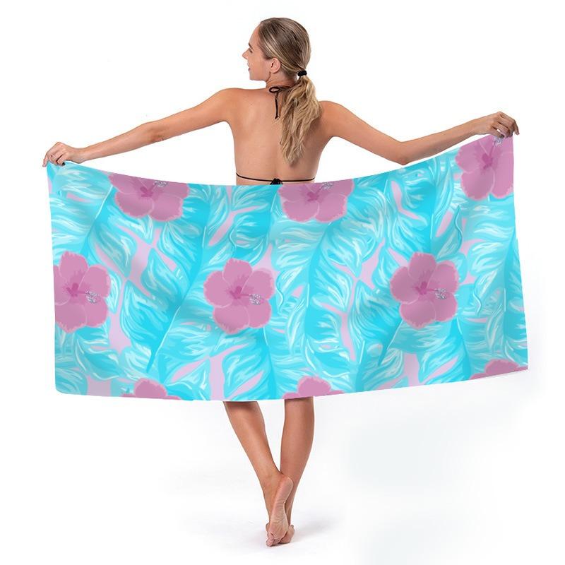 Tropical Hibiscus Flower Printed Beach Towel Quick Dry Polyester Bath Towel Pink Floral Sand Free Pool Towel for Summer Vacation