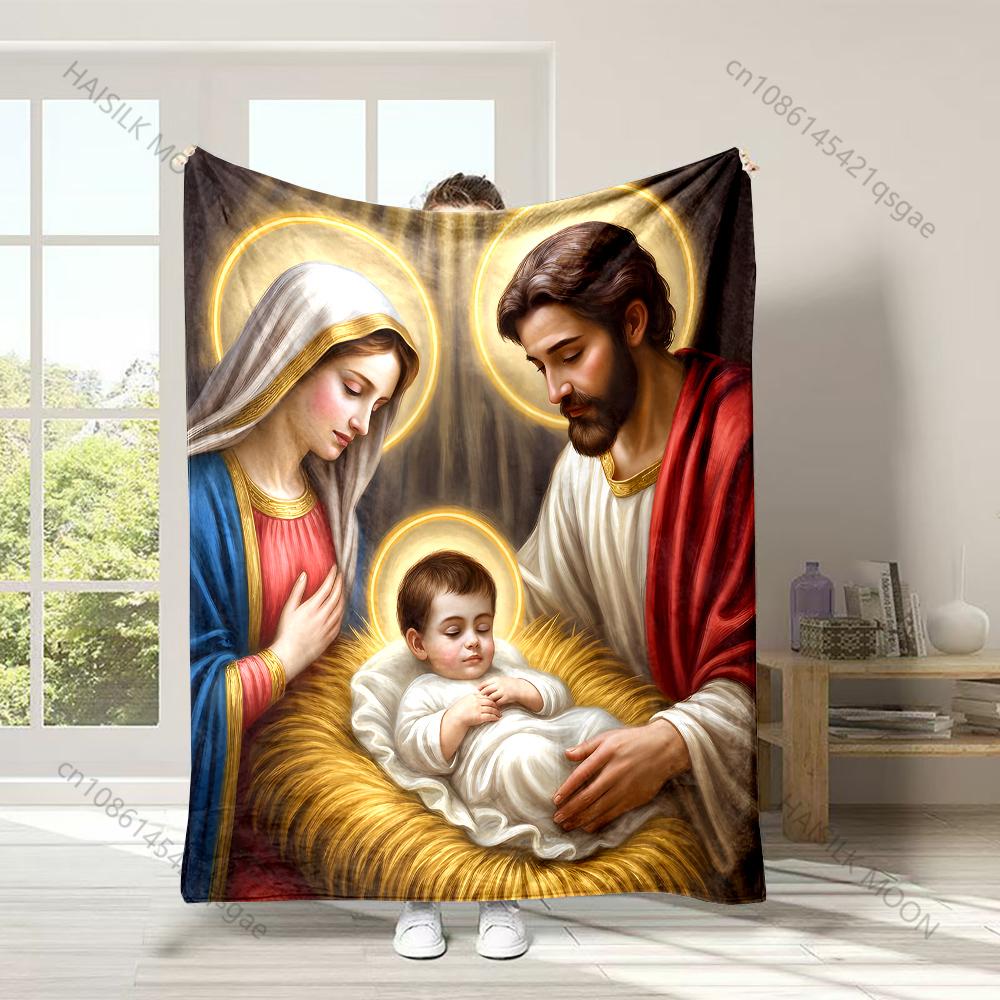 1PC Holy family with halos Faith-printed Flannel Blanket Soft and Warm Suitable for Home Travel Picnics Camping and RV Use