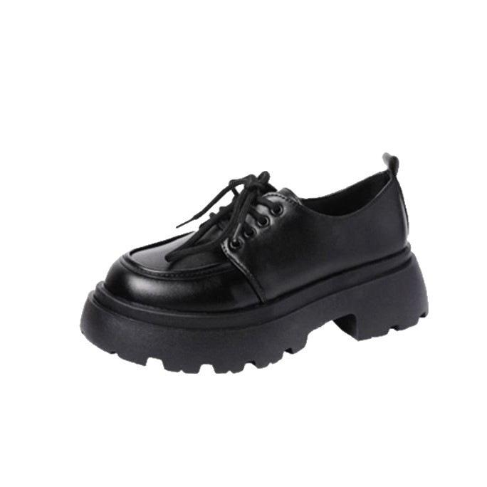 British Style Thick-soled Heightening Small Leather Shoes, New Spring Lace-up Black Single Shoes Muffin
