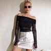 European and American Style Women's Clothing Spring and Summer New Solid Color Slim Fashion One-word Neck Mesh Long-sleeved Top Women