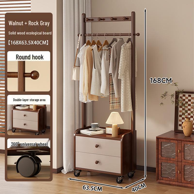 Solid Wood Bedside Table & Coat Rack with Storage Shelf – Indoor Bedroom Floor-Standing Clothes Rack