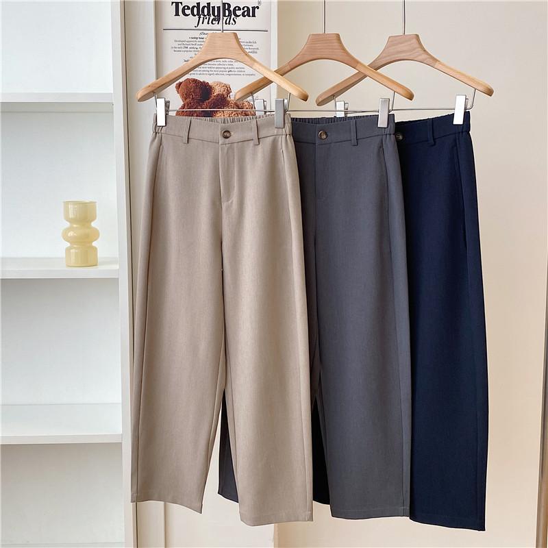 Women's 2024 Autumn Khaki Wide-Leg Suit Pants - Navy Blue, Loose, Straight, Nine-Point Length