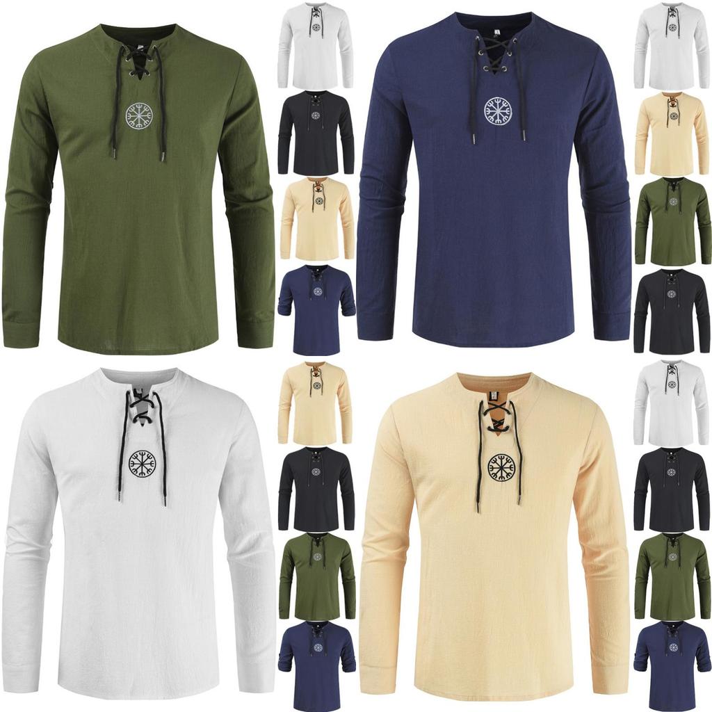 Stylish Medieval Men's Long Sleeve Lace Up Solid Color Retro Cosplay Costume T-shirt