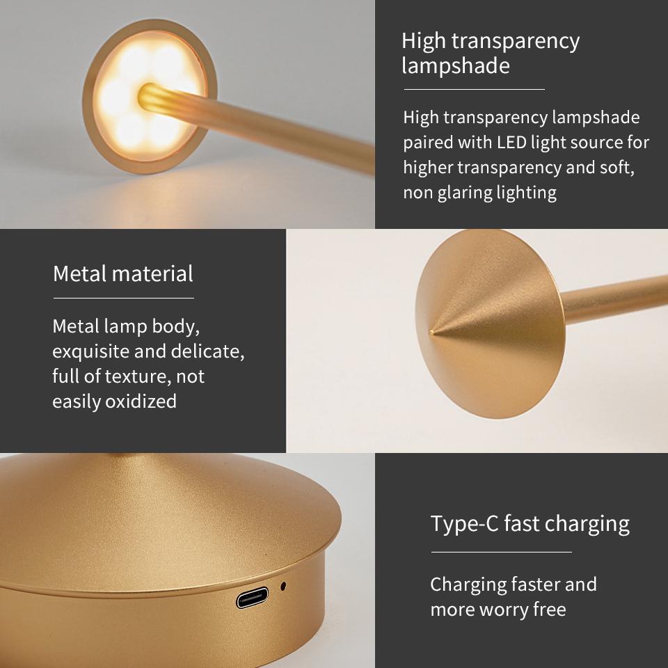 Table LED Lamp Rechargeable Touch Sensor Night Desk Lamp 3 Color Temperatures Stepless Dimming for Restaurant Hotel Bar Bedroom