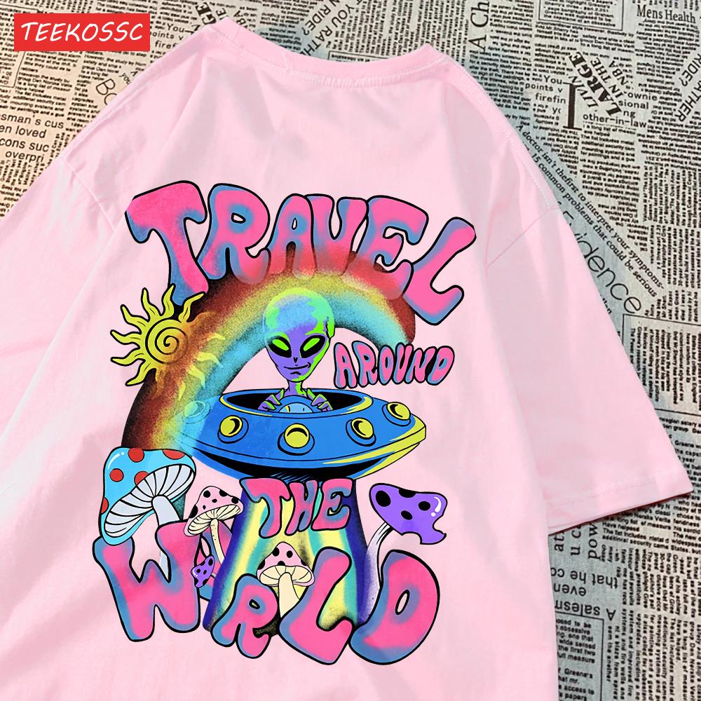Mode Baumwolle Damen T-Shirts Alien UFO Weltreise Drucke Kurzarm Rundhalsausschnitt Weich Atmungsaktiv Street Damen Kleidung