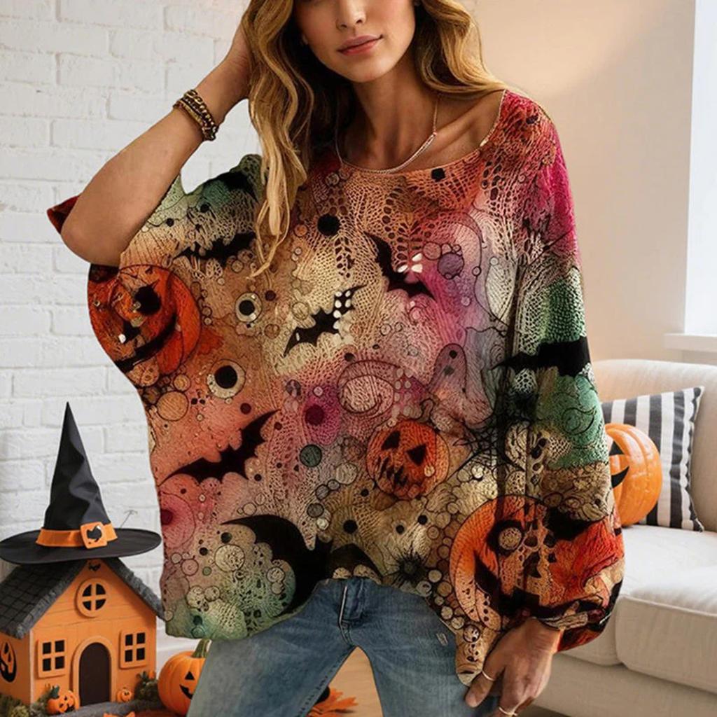Halloween Crochet Pumpkin Sweater Women, Oversized Pumpkin Knit Pullover,Witch Hat Cozy Fall Sweater