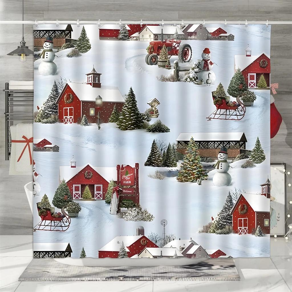 unframed Christmas Shower Curtain, Winter Snowman Father Christmas Farmhouse Truck Snowflake Christmas Tree Red Bird Bathroom De