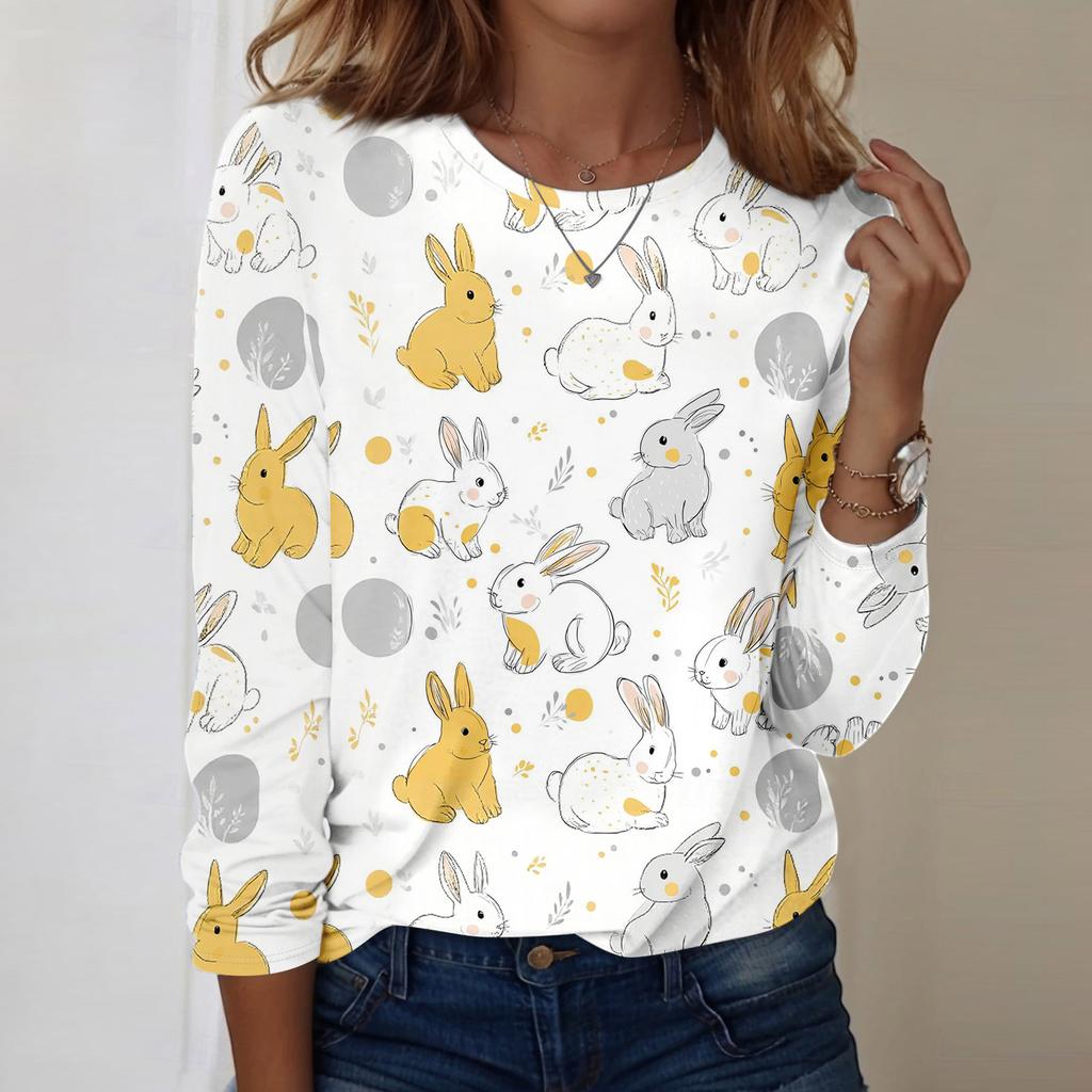 Top casual da donna a maniche lunghe con stampa pasquale e girocollo