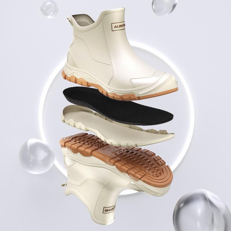 Trendy men's short rain boots, black urban men's water boots, non-slip wading boots, men's waterproof rubber shoes, khaki men's shoes, water shoes