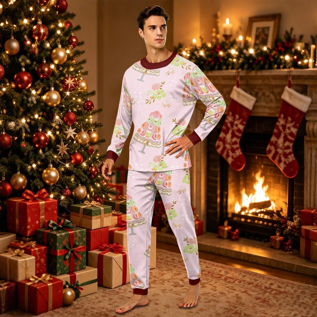 Parent-Child Matching Christmas Print Long Sleeve Neck Loungewear Set with Long Pants
