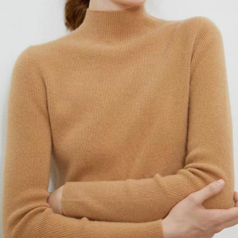 IHUASU Women's Semi-high Neck Wool Sweater Women 100% Pure Wool Slim Cashmere Knitting Bottoming Tight Inner Jumper